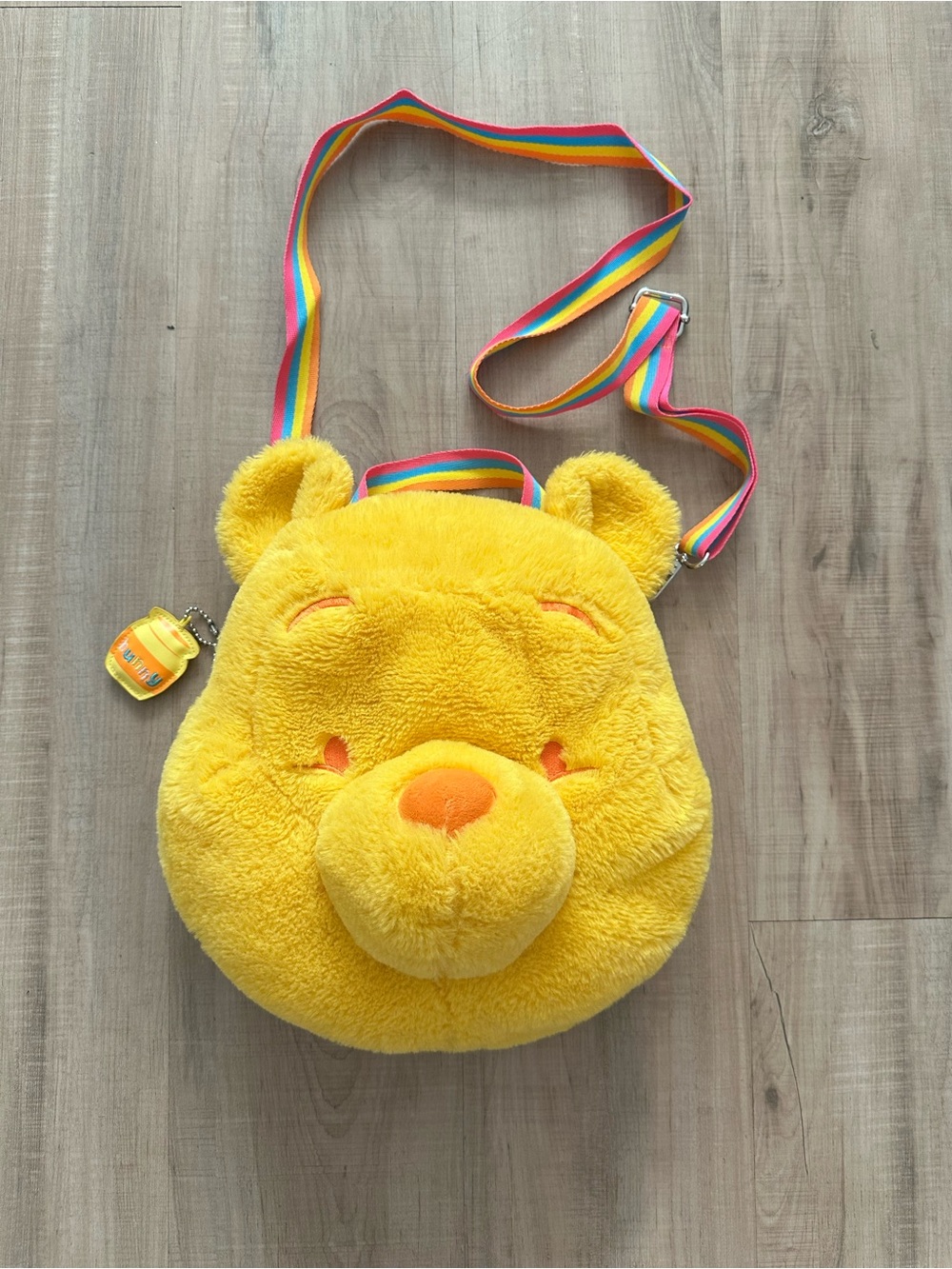 Disney Yellow Winnie the Pooh Plush Crossbody Bag with Rainbow Strap